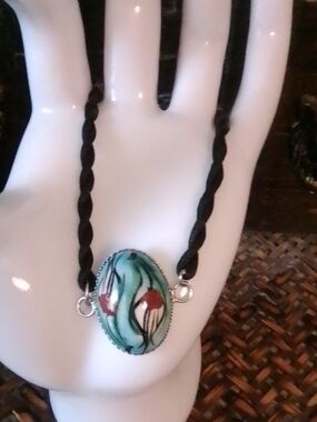 Handmade Green and Red Floral Enamel Pendant Necklace